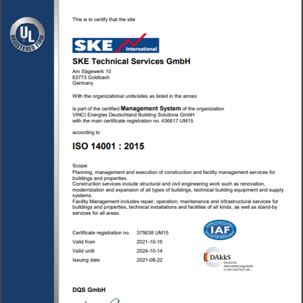 SKE Technical Services ISO 14001 Certificate / Zertifikate