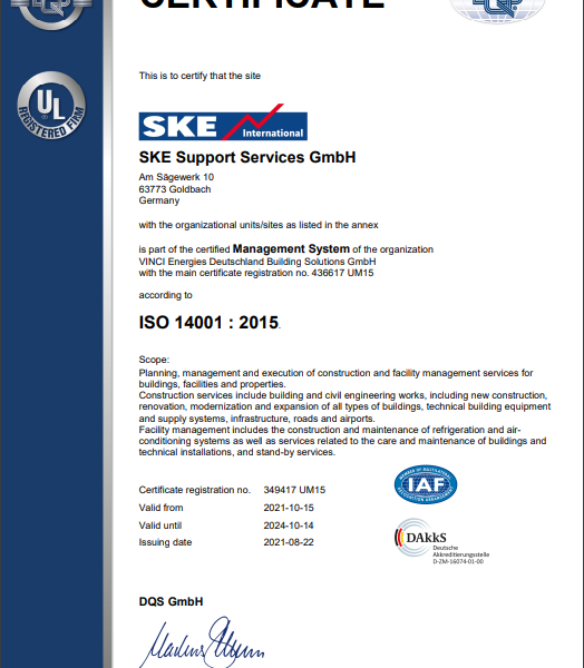 SKE Support Services ISO 14001 Certificate / Zertifikate