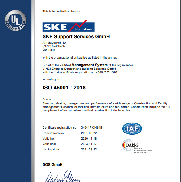 SKE Support Services ISO 45001 Certificate / Zertifikate