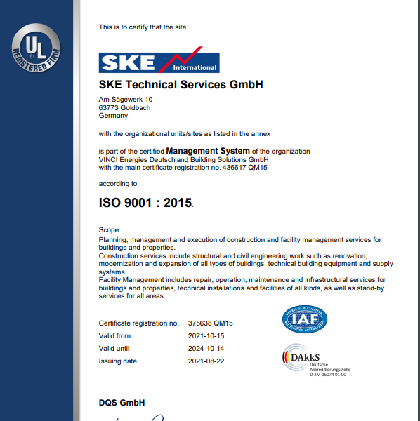 SKE Technical Services ISO 9001 Certificate / Zertifikate