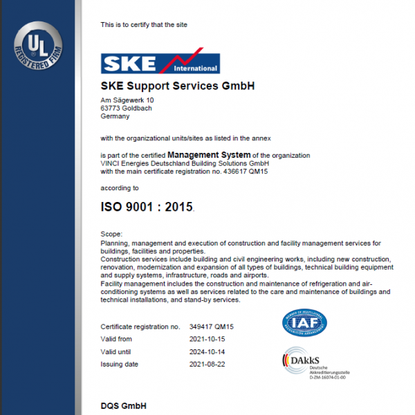 SKE Support Services ISO 9001 Certificate / Zertifikate